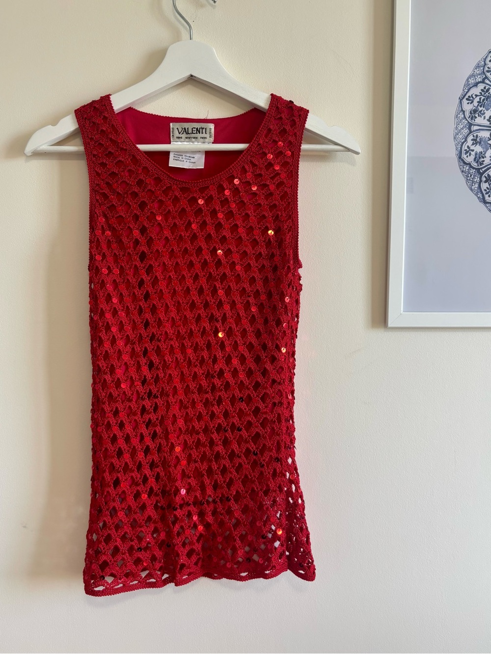Vintage Valenti Sequin Crochet Tank Red Going Out Top | Size S